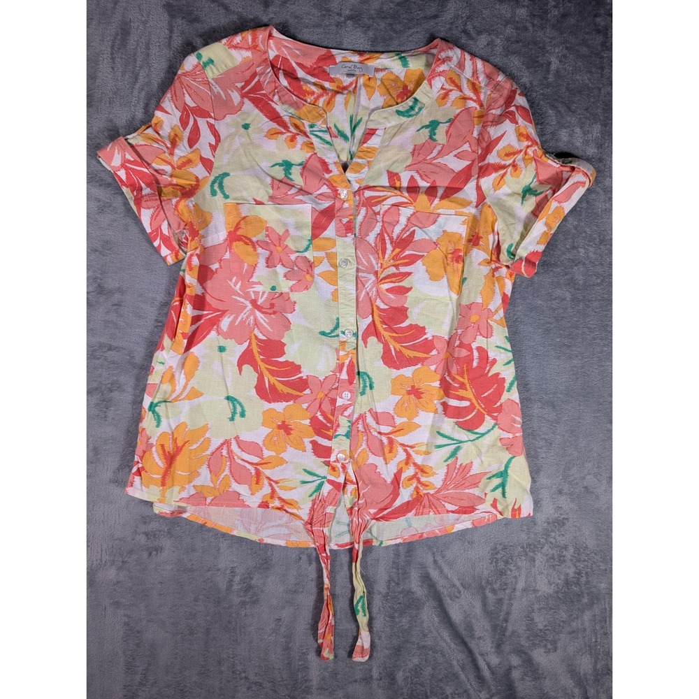 Coral Bay Petite Linen Blend Tropical Floral Button Front Tie Hem Blouse Medium